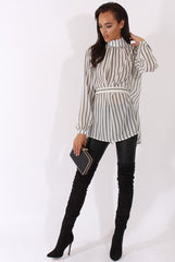White Striped Tie Waist Open Back Shirt - Carina
