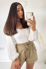 White Ruched Square Neckline Crop Top - Hallie