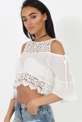 White Cold Shoulder Crochet Crop Top - Carlene