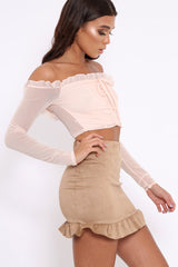 Nude Mesh Bardot Ruched Front Crop Top - Carlita