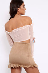Nude Mesh Bardot Ruched Front Crop Top - Carlita