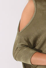 Khaki Batwing Cold Shoulder Oversized Top - Carly