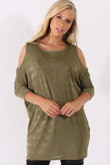 Khaki Batwing Cold Shoulder Oversized Top - Carly