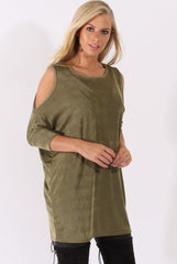 Khaki Batwing Cold Shoulder Oversized Top - Carly