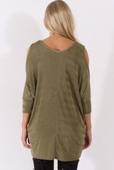 Khaki Batwing Cold Shoulder Oversized Top - Carly