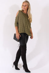 Khaki Batwing Cold Shoulder Oversized Top - Carly