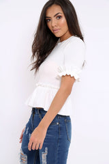 White Peplum Frill Detail Top - Carly