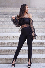 Black Tulle Mesh Bardot Crop Top - Gemini