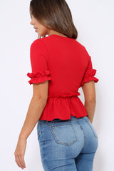 Red Peplum Frill Detail Top - Carly