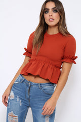 Rust Peplum Frill Detail Top - Carly