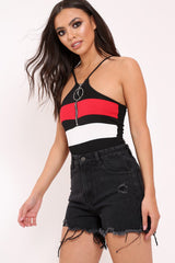Black and Red Ribbed Ring Zip Front Bodysuit - Carmella