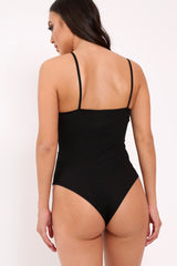 Black and Red Ribbed Ring Zip Front Bodysuit - Carmella