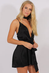 Black Satin Cross Back Choker Playsuit - Carmia