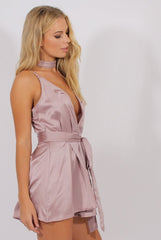 Nude Pink Satin Cross Back Choker Playsuit - Carmia