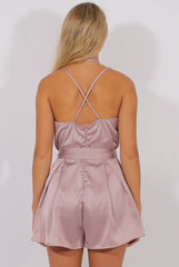 Nude Pink Satin Cross Back Choker Playsuit - Carmia