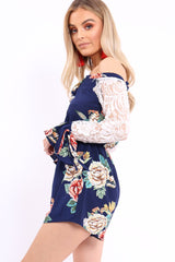 Blue Floral Bardot Playsuit with Lace Sleeves - Caroline