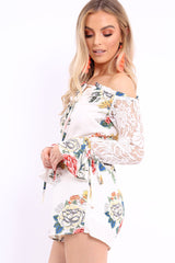 White Floral Bardot Playsuit with Lace Sleeves - Caroline
