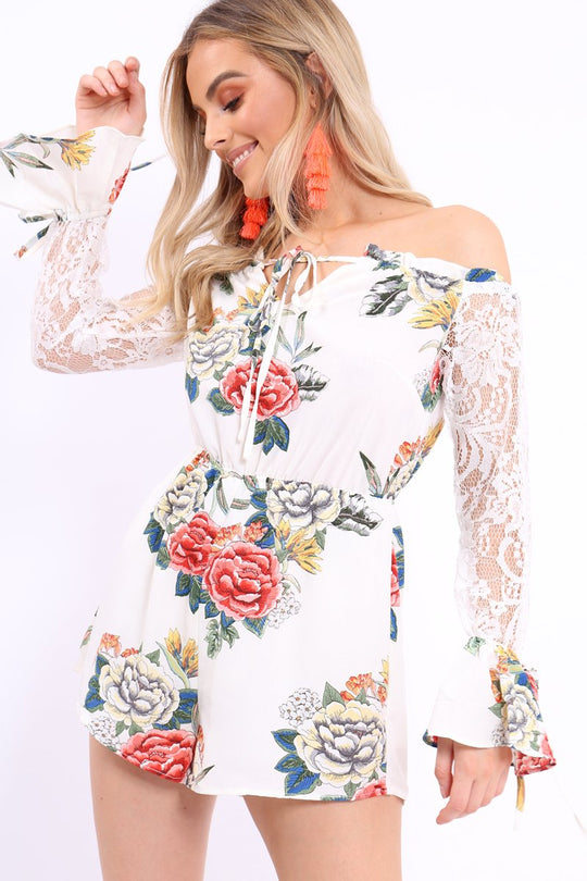 White Floral Bardot Playsuit with Lace Sleeves - Caroline