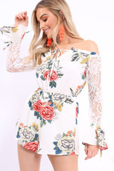 White Floral Bardot Playsuit with Lace Sleeves - Caroline