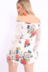 White Floral Bardot Playsuit with Lace Sleeves - Caroline