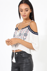 White Cold Shoulder Embroidered Crop Top - Carrie