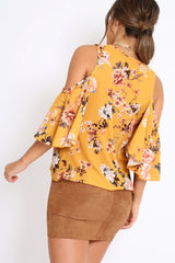 Mustard Floral Print Cold Shoulder Frill Top - Carrie