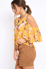 Mustard Floral Print Cold Shoulder Frill Top - Carrie