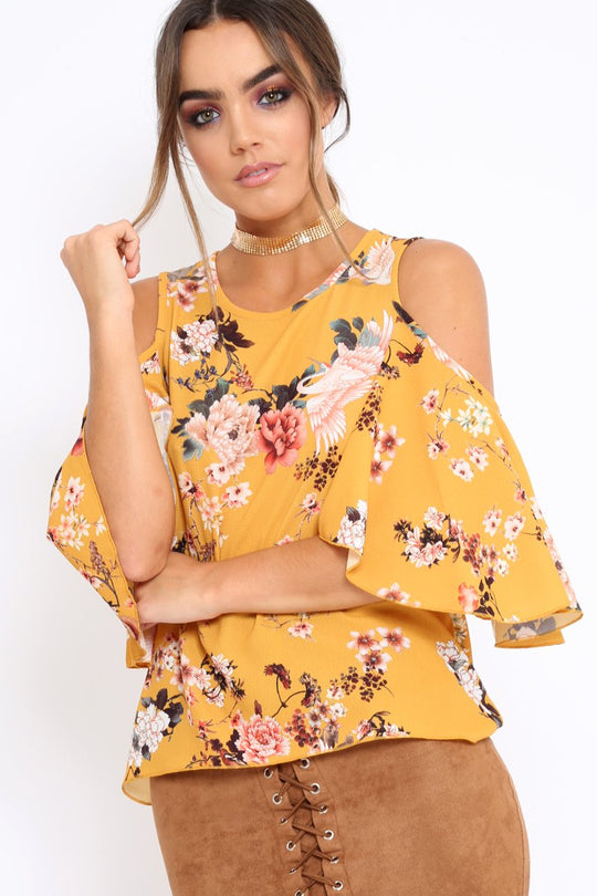 Mustard Floral Print Cold Shoulder Frill Top - Carrie