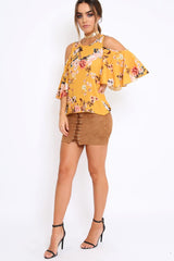 Mustard Floral Print Cold Shoulder Frill Top - Carrie