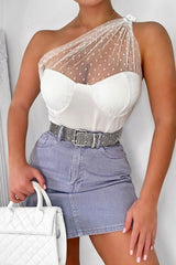 White Polka Mesh Corset One Shoulder Bodysuit - Carrie