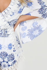 White and Blue Floral Pattern Playsuit - Cassandra