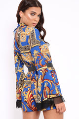 Blue Scarf Print Open Back Playsuit - Cassia