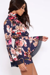 Navy Floral Print Open Back Playsuit - Cassia