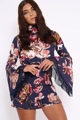 Navy Floral Print Open Back Playsuit - Cassia