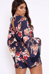 Navy Floral Print Open Back Playsuit - Cassia