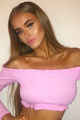 Pink Ribbed Frill Bardot Crop Top - Cassidy