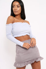 Lilac Ribbed Frill Bardot Crop Top - Cassidy