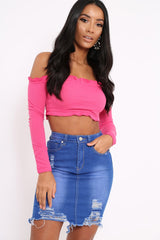 Fuchsia Ribbed Frill Bardot Crop Top - Cassidy