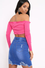 Fuchsia Ribbed Frill Bardot Crop Top - Cassidy
