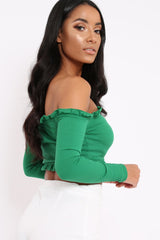 Green Ribbed Frill Bardot Crop Top - Cassidy