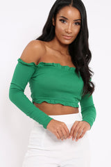 Green Ribbed Frill Bardot Crop Top - Cassidy