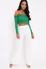 Green Ribbed Frill Bardot Crop Top - Cassidy