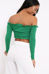 Green Ribbed Frill Bardot Crop Top - Cassidy
