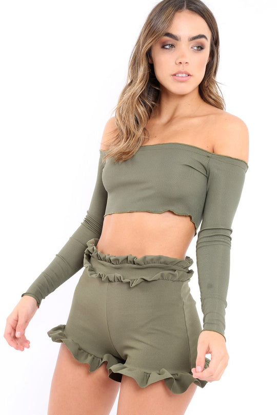 Khaki Ribbed Frill Bardot Crop Top - Cassidy