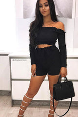 Black Ribbed Frill Bardot Crop Top - Cassidy