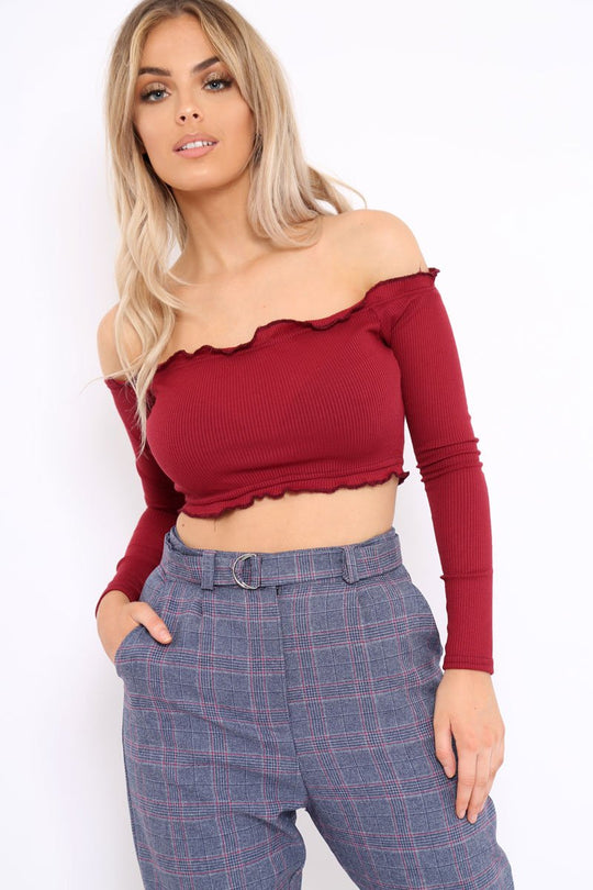 Wine Ribbed Frill Bardot Crop Top - Cassidy