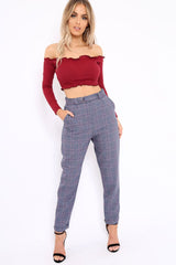 Wine Ribbed Frill Bardot Crop Top - Cassidy