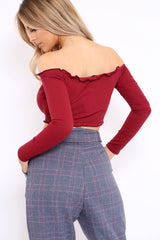 Wine Ribbed Frill Bardot Crop Top - Cassidy