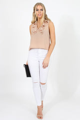 Stone Ruffle Collar V Neck Top - Cassie