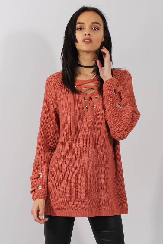 Rust Knit Lace Up Long Line Jumper - Cassie